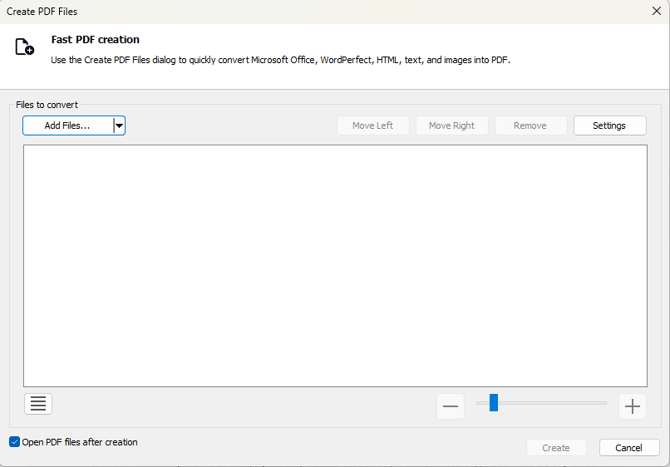 Create PDF Files dialog box