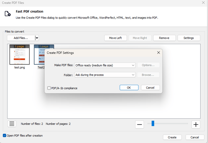 Create PDF Settings
